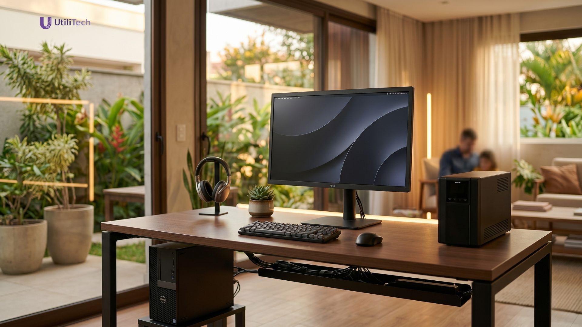 nobreak para home office em mesa de trabalho moderna com computador e monitor