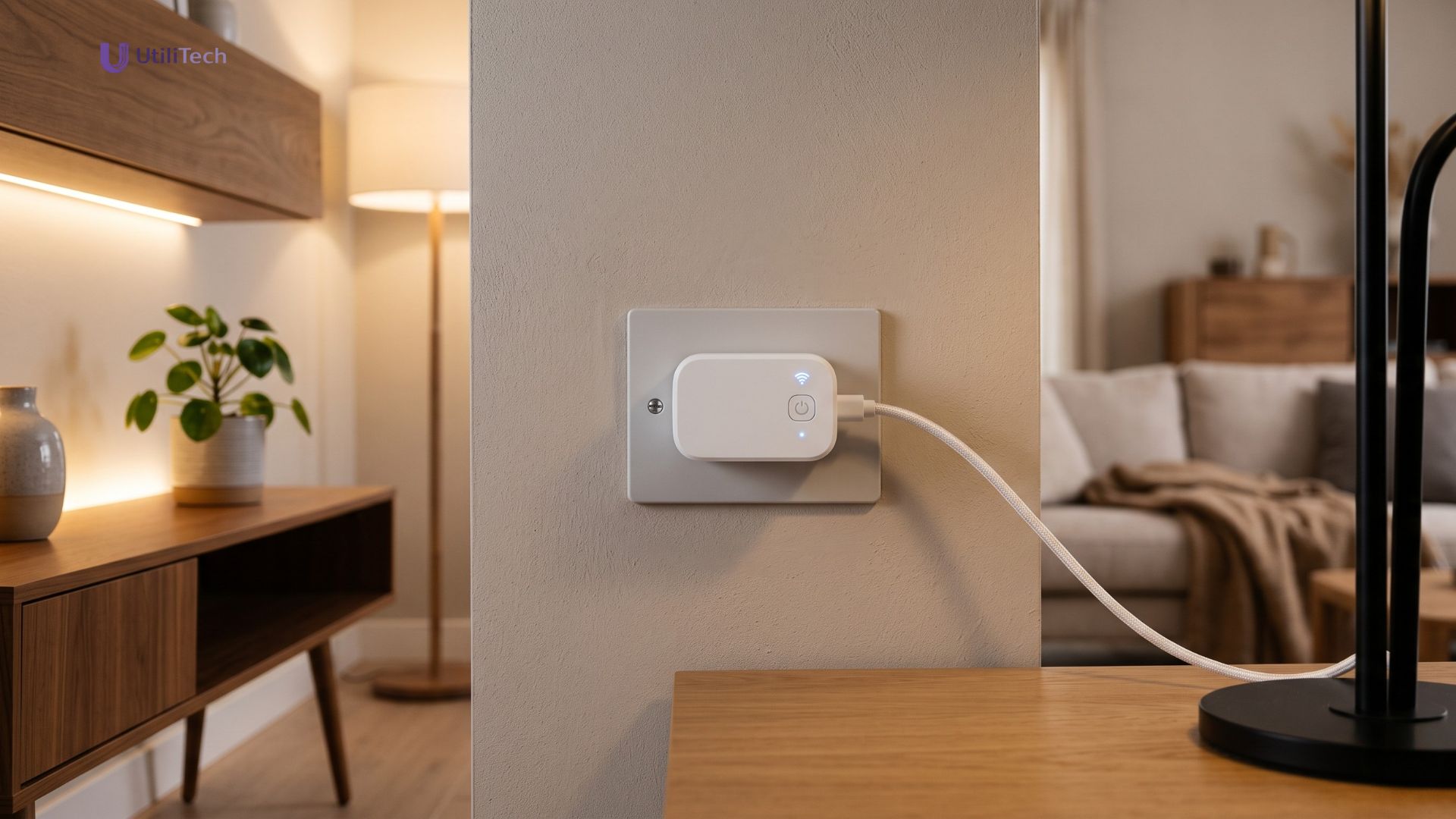 tomada inteligente wi-fi smart plug conectada em ambiente doméstico moderno