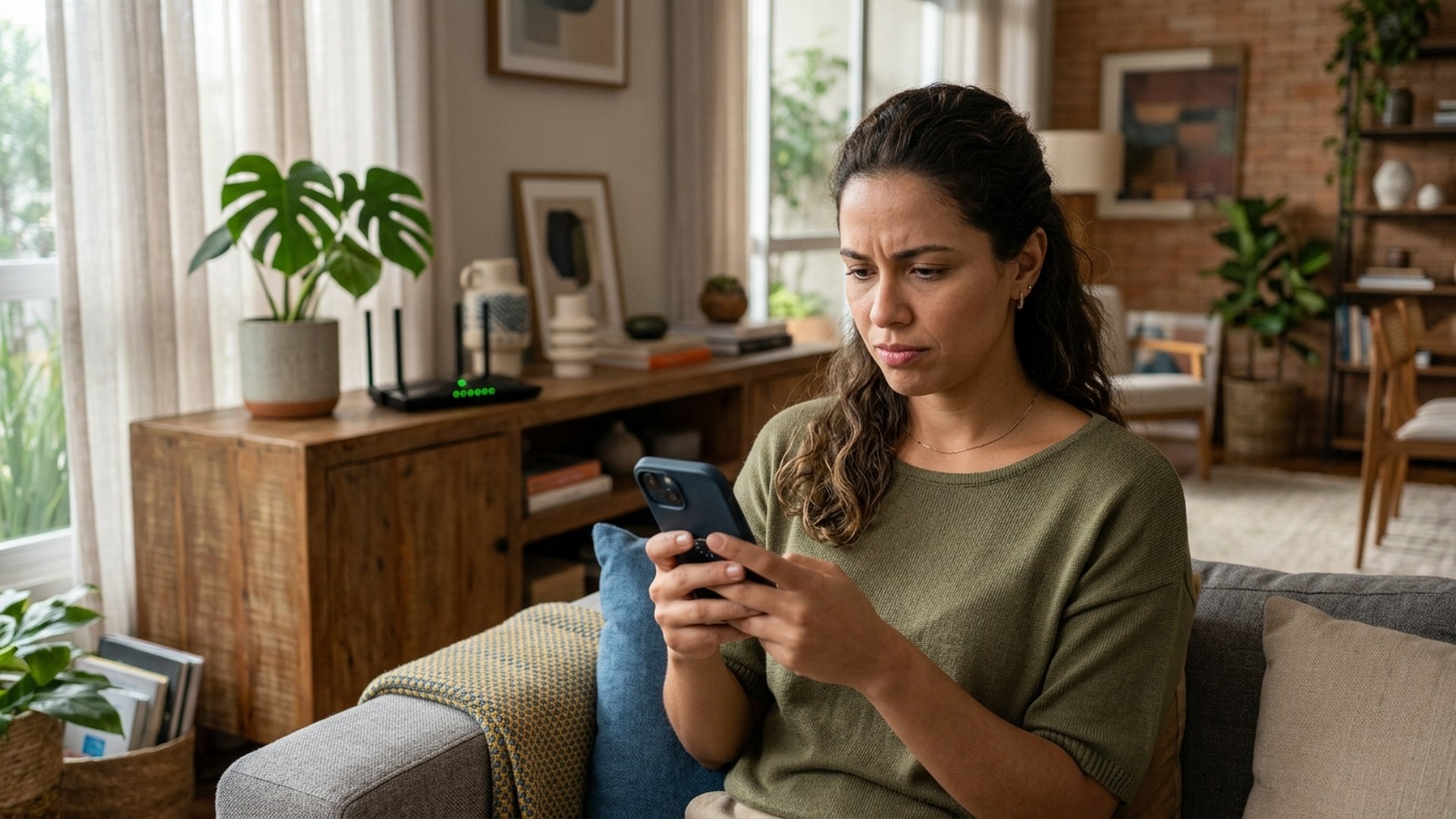 celular não conecta no Wi-Fi: mulher olhando a tela do smartphone ao lado do roteador em casa