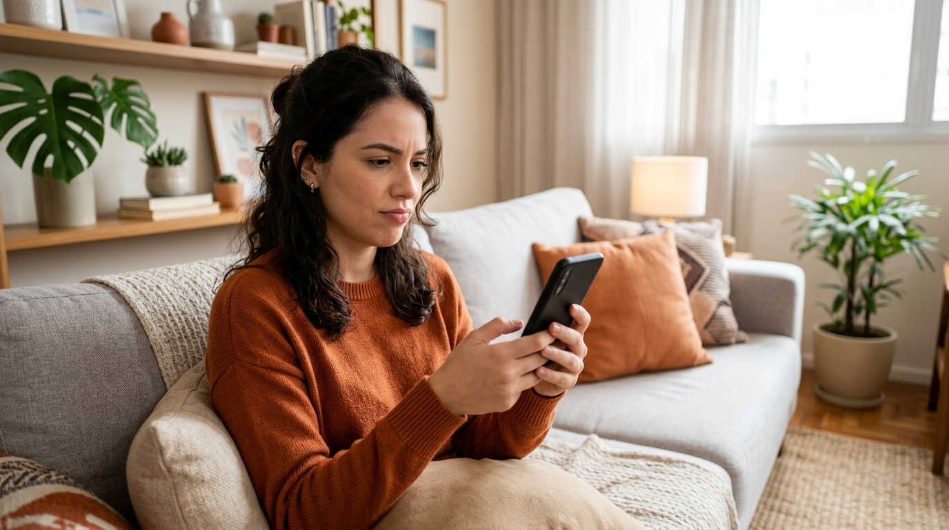 celular travando na mão de uma pessoa em casa, com a tela congelada